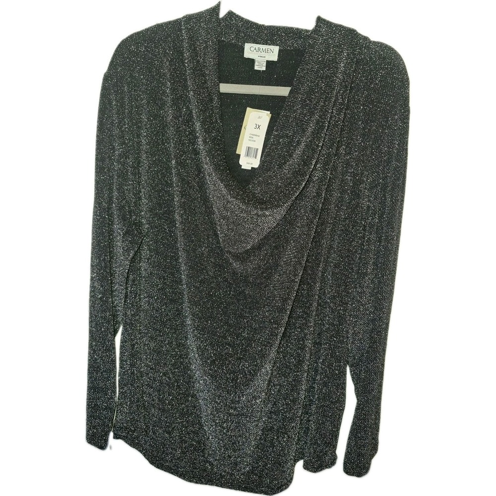 Carmen Marc Valvo Plus 3X Black & Silver Metallic Sparkle Cowl Neck Top NWT
